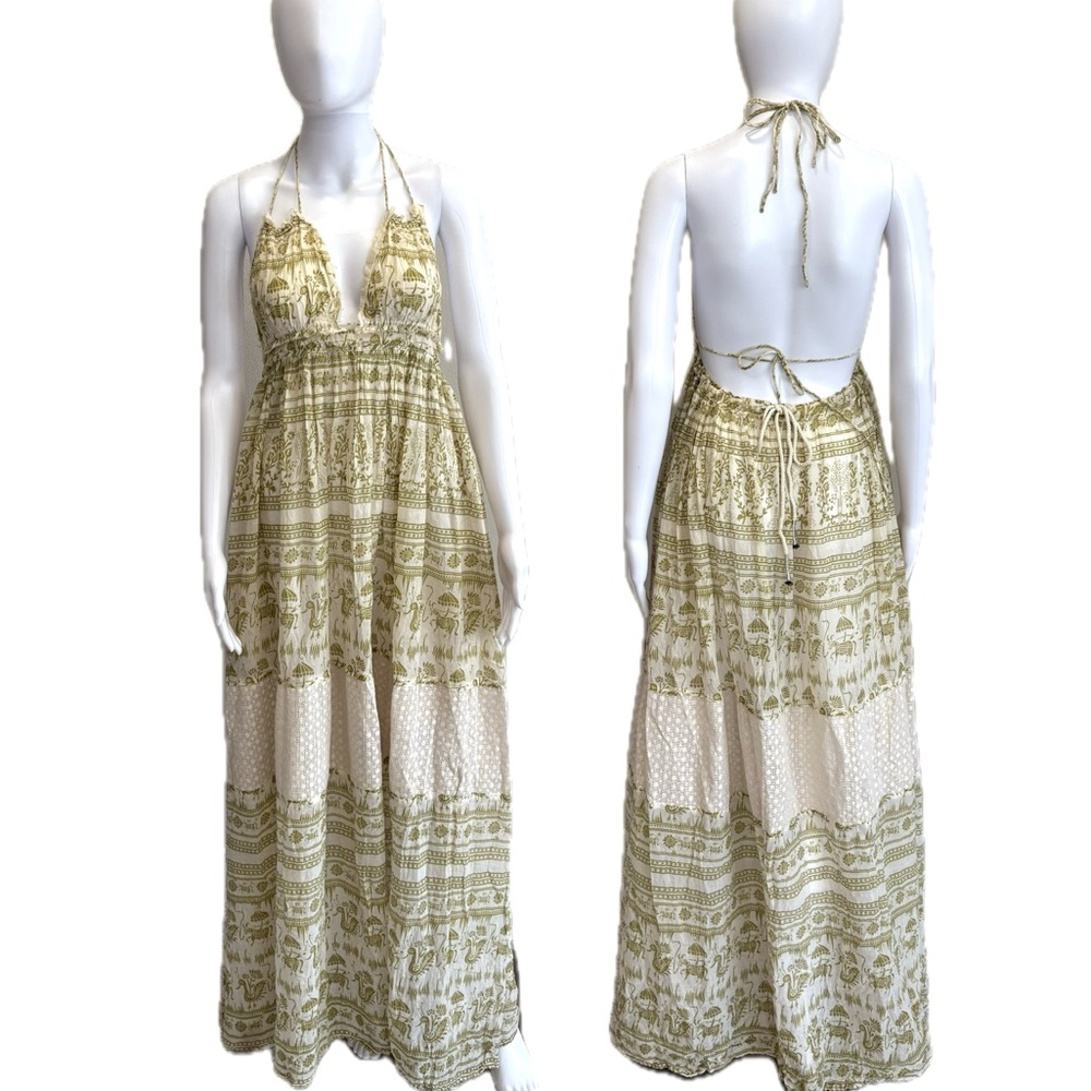 Free People Olive Green and Cream Boho Halter Maxi Dress